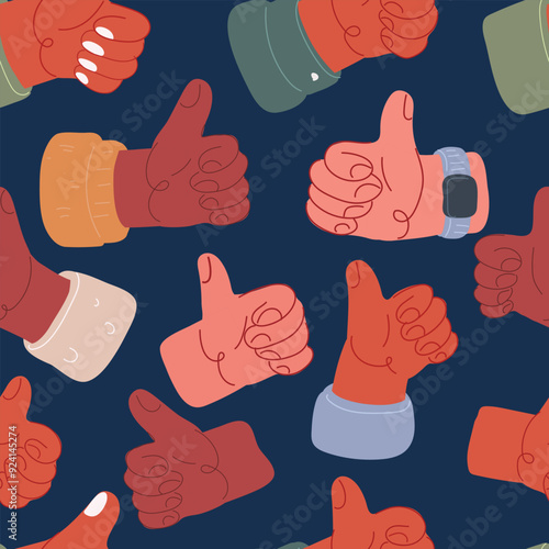 Cartoon vector illustration of Pattern of hands with thumbs up pattern over dark background