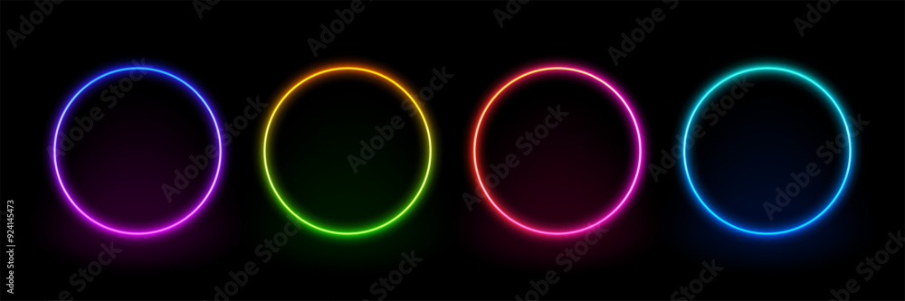 Neon circle frame. Illuminate frame design. Set of round neon border. Futuristic graphic element for social media stories. Glowing neon lighting on dark background. Blue, pink, purple, violet. Vector Neon circle frame. Illuminate frame design. Set of round neon border. Futuristic graphic element for social media stories. Glowing neon lighting on dark background. Blue, pink, purple, violet. Vector