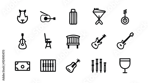 Set of 15 line icons in linear style representing musical instruments, accessories, and related objects. photo