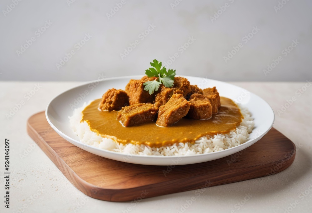 Curry with Rich Sauce and Cilantro over White Rice on Wooden Board Curry with Rich Sauce and Cilantro over White Rice on Wooden Board