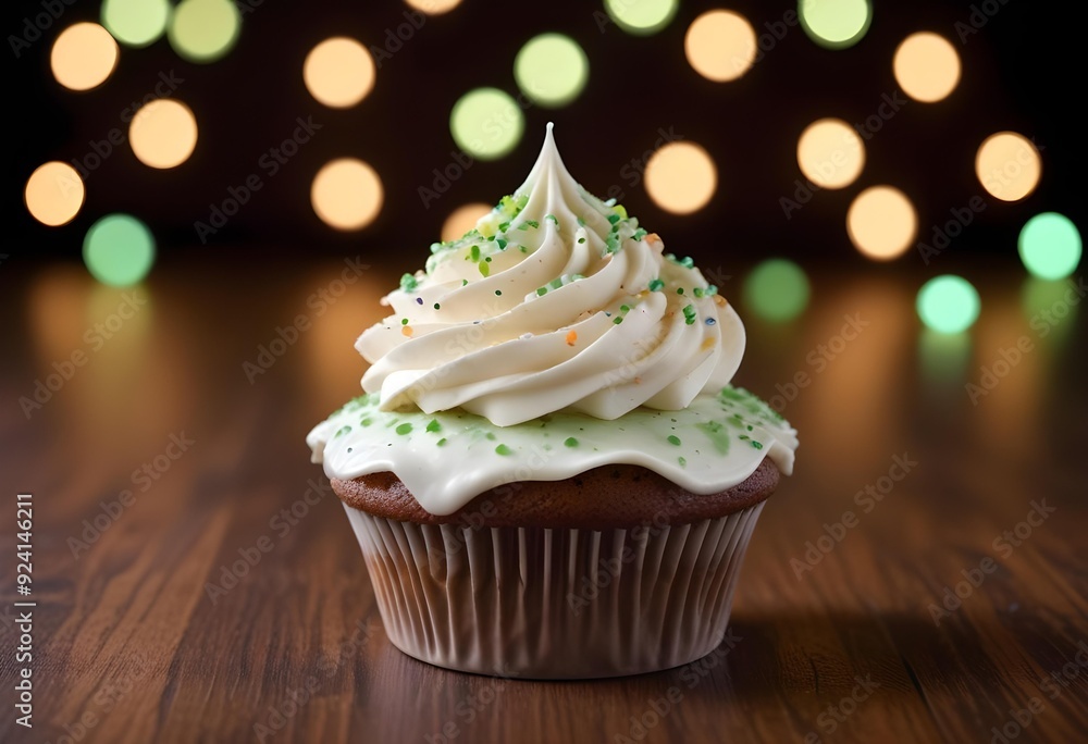 chocolate cupcake with cream, Cupcakes with white frosting and green sprinkles, on a wooden surface with blurred lights in the background chocolate cupcake with cream, Cupcakes with white frosting and green sprinkles, on a wooden surface with blurred lights in the background