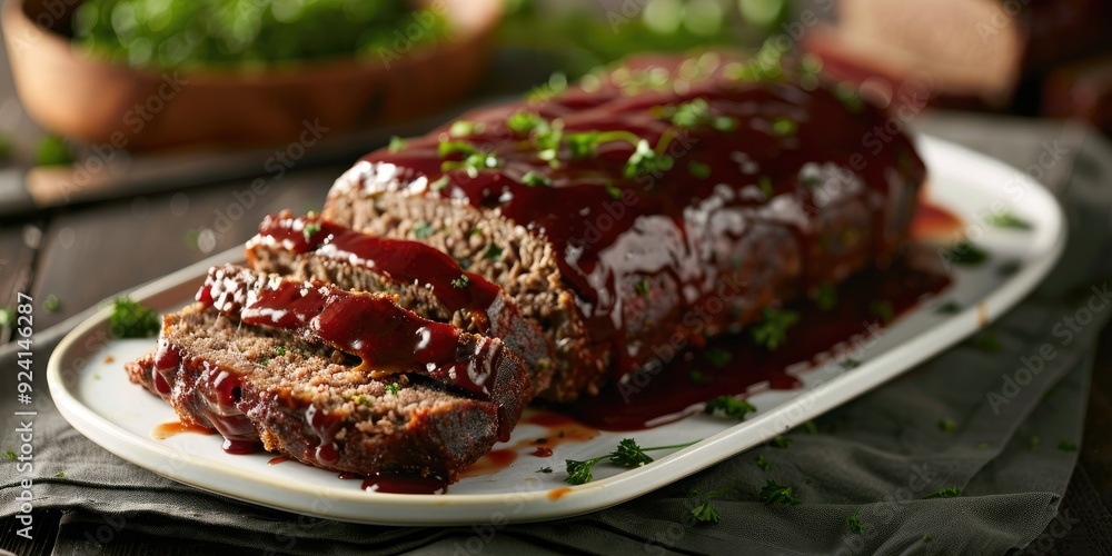 Classic meatloaf with a sweet glaze being sliced on a white platter Classic meatloaf with a sweet glaze being sliced on a white platter