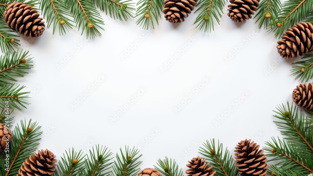 Festive Border of Pine Cones and Evergreen Branches on White Background - Christmas and Winter Holiday Decoration Festive Border of Pine Cones and Evergreen Branches on White Background - Christmas and Winter Holiday Decoration
