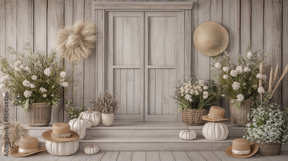 Fototapeta premium Decorations of pumpkins, colorful chrysanthemums, and hay bales adorn the wooden staircase, creating a warm atmosphere for autumn celebrations