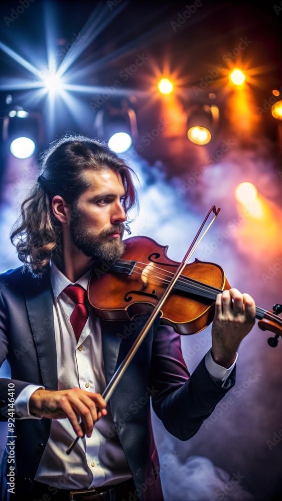Fototapeta premium Portrait of a musician, with instrument, stage lighting, concert setting, passionate mood.