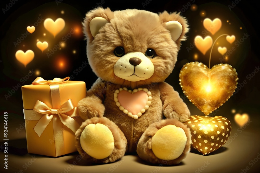 cute beige teddy bear with a heart, surrounded by gifts, on a golden festive background with hearts. greeting card cute beige teddy bear with a heart, surrounded by gifts, on a golden festive background with hearts. greeting card