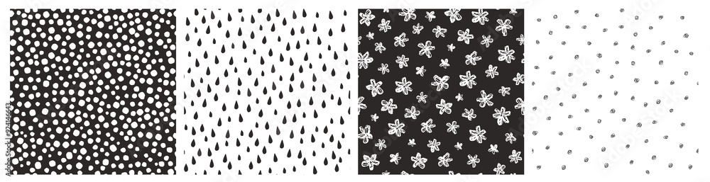 A set of seamless patterns with a simple monochrome print. Abstract flowers, drops, hand draw dots. Vector graphics. A set of seamless patterns with a simple monochrome print. Abstract flowers, drops, hand draw dots. Vector graphics.