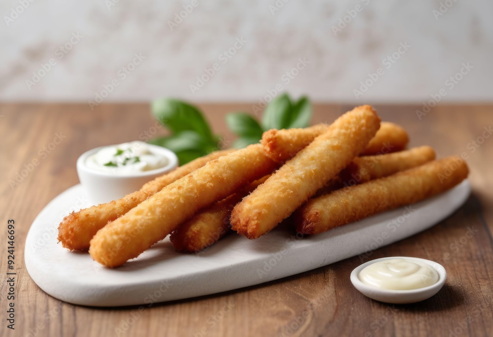 Crispy Mozzarella Sticks with Creamy Dip and Fresh Herbs on Rustic Platter Crispy Mozzarella Sticks with Creamy Dip and Fresh Herbs on Rustic Platter