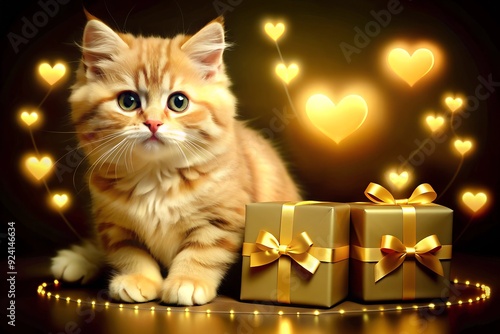 cute beige caty with a heart, surrounded by gifts, on a golden festive background with hearts. greeting card photo