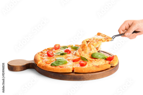 Woman taking slice of tasty pizza margarita on white background