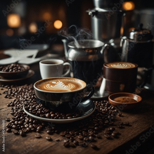 Steaming cappuccino in a white cup on a wooden table with a backdrop of rich coffee beans