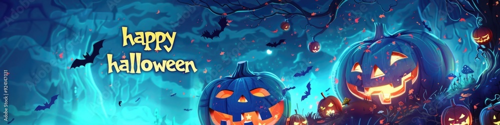 banner. Spooky Halloween scene with a glowing Jack-O'-Lantern and happy Halloween text. background, pumpkin and lights. banner. Spooky Halloween scene with a glowing Jack-O'-Lantern and happy Halloween text. background, pumpkin and lights.
