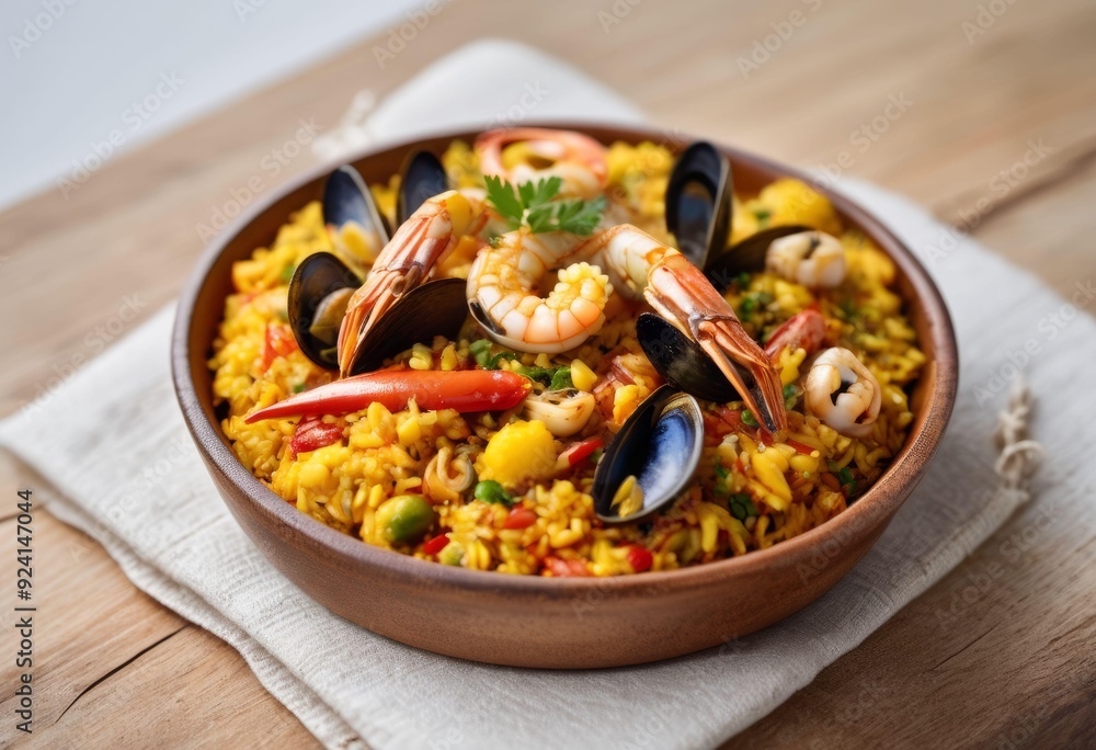 Seafood Paella with Shrimp, Mussels, and Red Peppers in Wooden Bowl Seafood Paella with Shrimp, Mussels, and Red Peppers in Wooden Bowl