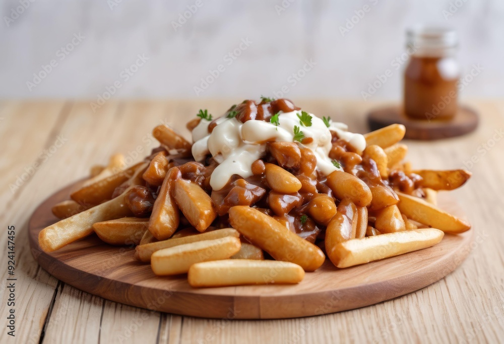 Poutine with Gravy and Creamy Sauce Garnished with Parsley on White Plate Poutine with Gravy and Creamy Sauce Garnished with Parsley on White Plate