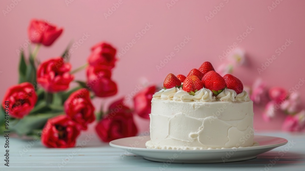 white cake with fresh strawberries. red tulips in vases and scattered on the table. vibrant and elegant. space for text white cake with fresh strawberries. red tulips in vases and scattered on the table. vibrant and elegant. space for text