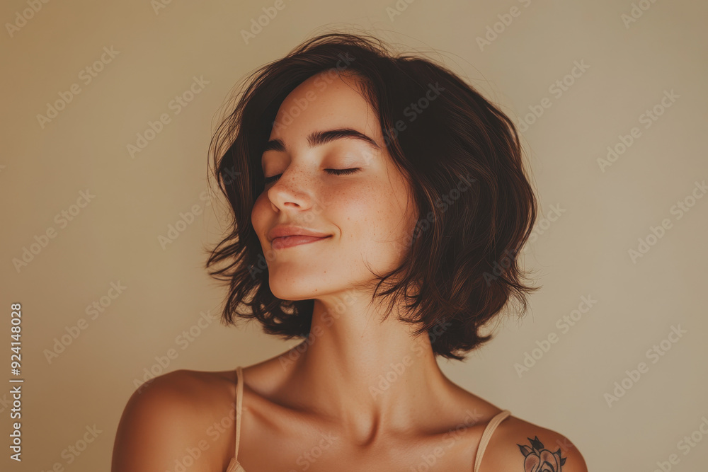 A close up of a woman's face with tattoos and her eyes closed