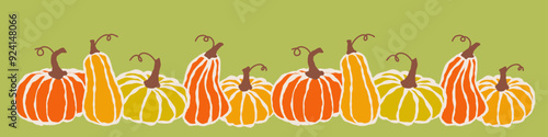 Colorful pumpkins lined up against a green background, showcasing autumn harvest in a festive display
