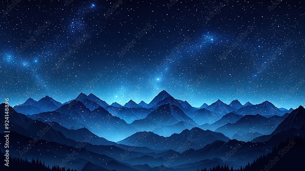 A night sky brimming with stars illuminates a mountain range cloaked in trees A night sky brimming with stars illuminates a mountain range cloaked in trees