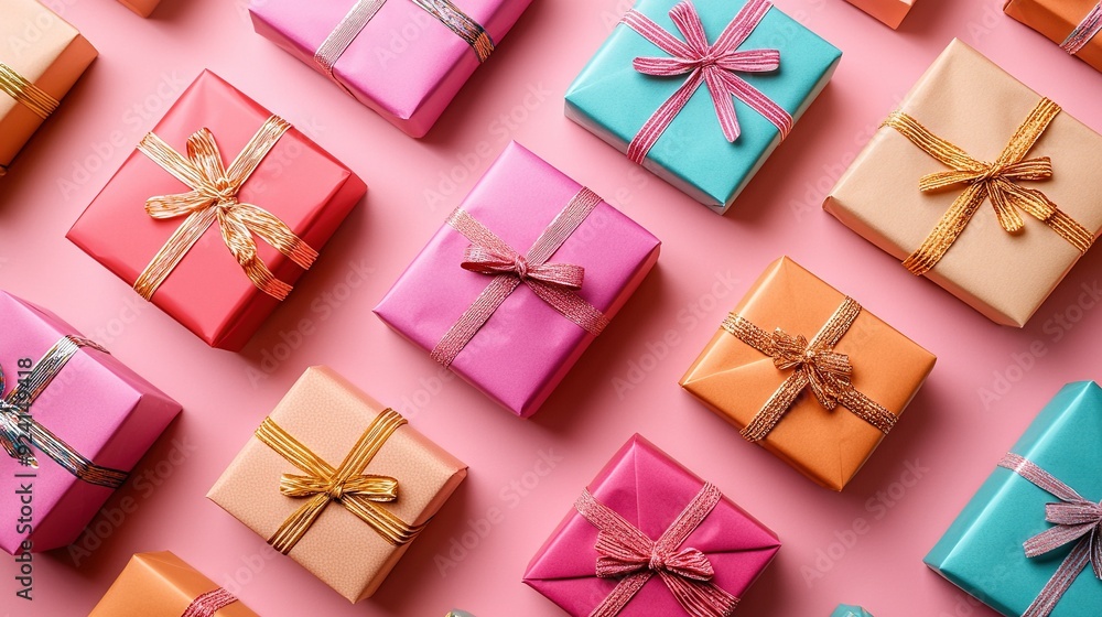 A vibrant cluster of gift-wrapped packages atop a pink backdrop, adorned with golden ribbons and bows A vibrant cluster of gift-wrapped packages atop a pink backdrop, adorned with golden ribbons and bows