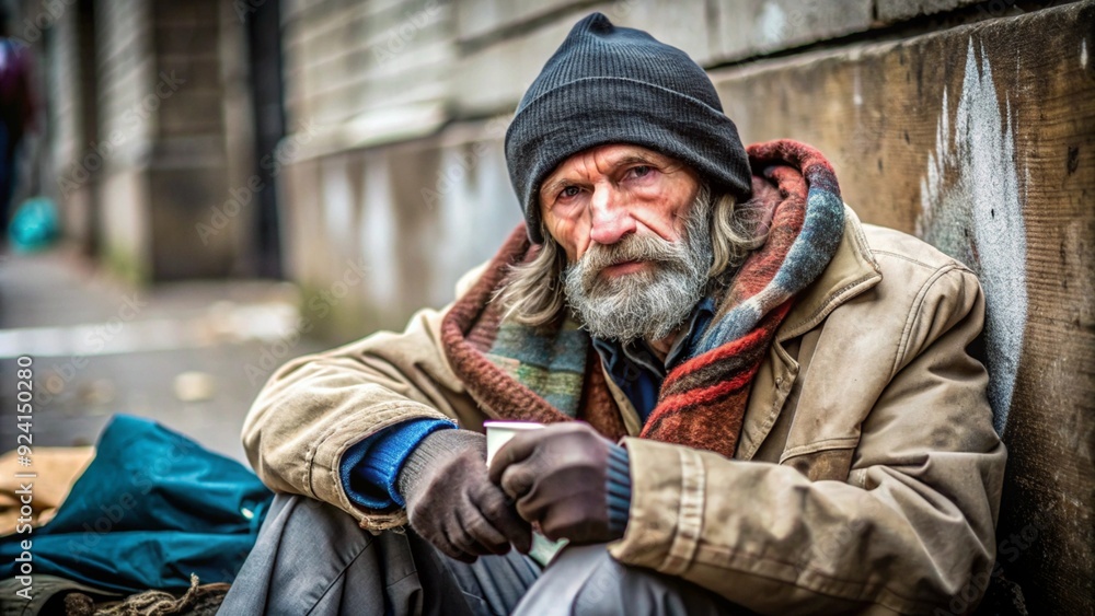 Old Homeless Person Sitting on Asphalt and Looking at the Camera, Close-Up Old Homeless Person Sitting on Asphalt and Looking at the Camera, Close-Up