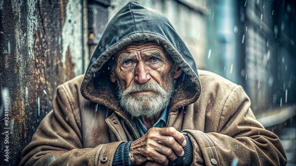 Old Sad Homeless Person Sitting in a Hoodie on Asphalt in the Rain and Looking at the Camera, Close-Up Old Sad Homeless Person Sitting in a Hoodie on Asphalt in the Rain and Looking at the Camera, Close-Up
