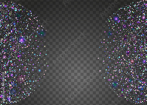 Holographic Confetti. Disco Isolated Cristals. Carnaval Serpentine. Cristal Banner. Iridescent Paper. Modern Poster. Glare Texture. Blue Laser Effect. Purple Holographic Confetti