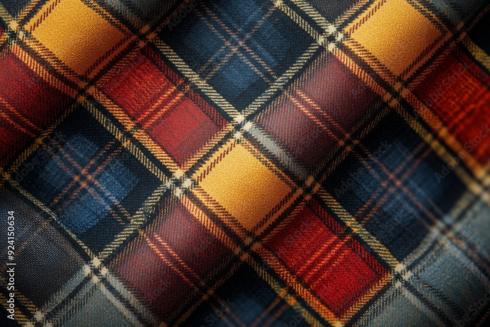 Close-up of a colorful plaid fabric with red, yellow, and blue patterns draped softly in natural light Close-up of a colorful plaid fabric with red, yellow, and blue patterns draped softly in natural light
