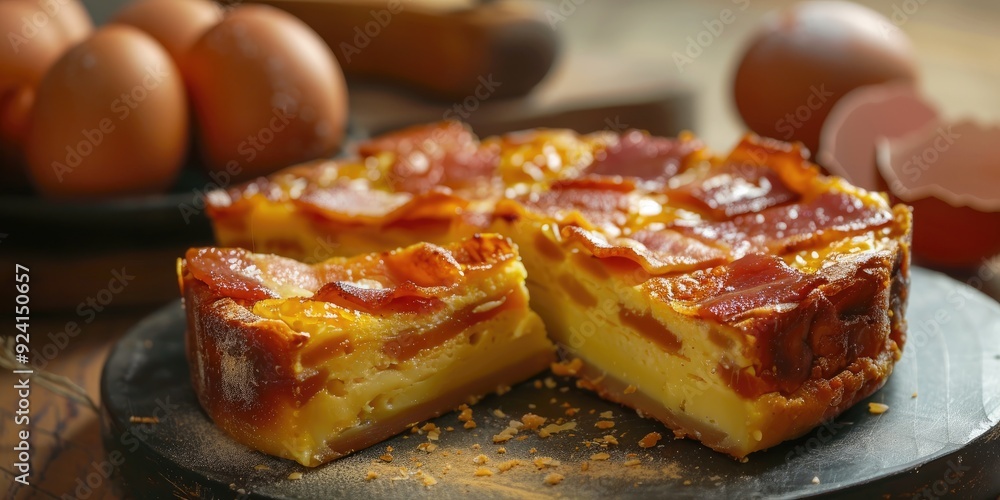 Traditional Portuguese cake toucinho do ceu known as bacon from heaven Egg yolks and almond meal delicacy from the Alentejo region of Portugal Traditional Portuguese cake toucinho do ceu known as bacon from heaven Egg yolks and almond meal delicacy from the Alentejo region of Portugal