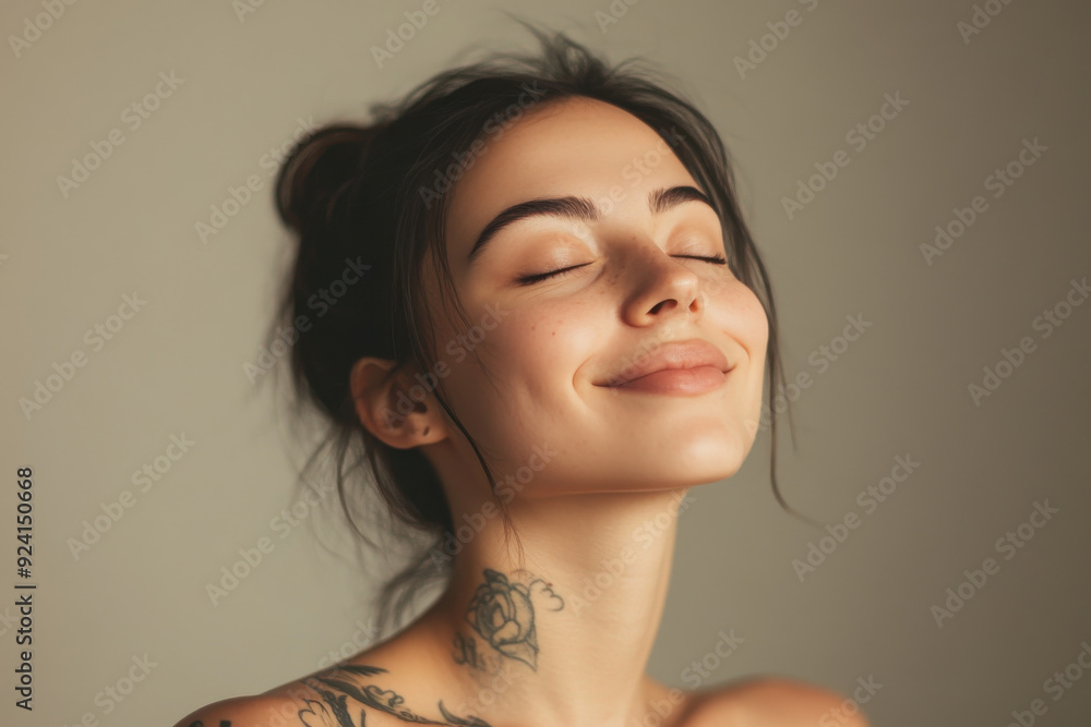 A close up of a woman's face with tattoos and her eyes closed