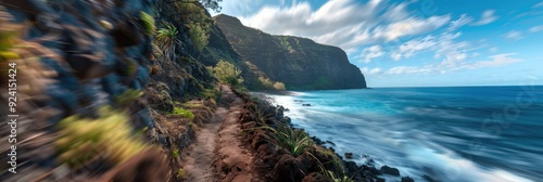 Blurred photo capturing a public hiking trail along a picturesque volcanic rock coastline under a clear blue sky. photo