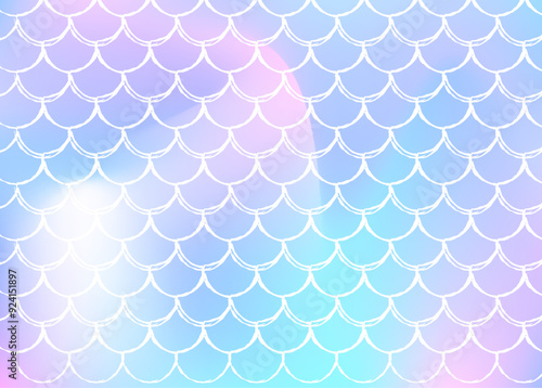 Gradient mermaid background with holographic scales. Bright color transitions. Fish tail banner and invitation. Underwater and sea pattern for girlie party. Neon backdrop with gradient mermaid.