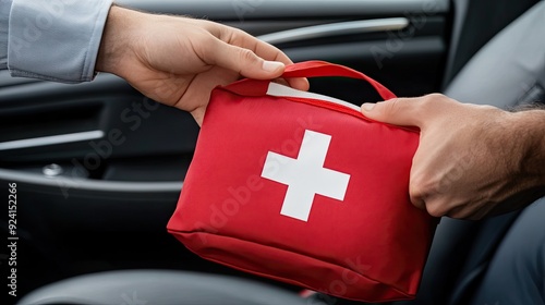 A man is reaching into a red first aid kit on his car dashboard, ready to assist in an emergency while driving in natural light