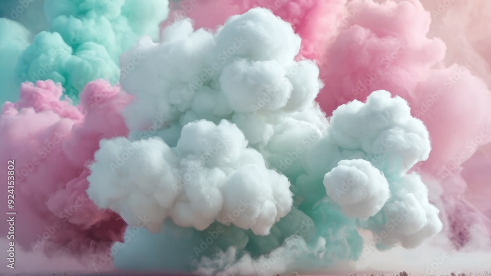 Fototapeta premium A delicate blend of pastel pink and blue clouds, resembling cotton candy, floating in a surreal, dreamlike atmosphere that feels light and airy