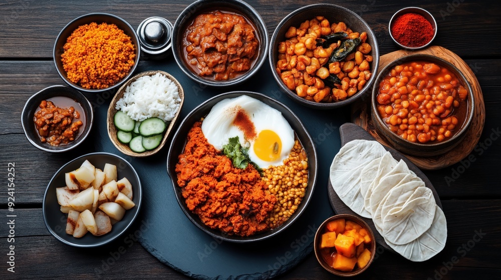 Fried eggs with minced meat and various side dishes - traditional Mexican food Fried eggs with minced meat and various side dishes - traditional Mexican food