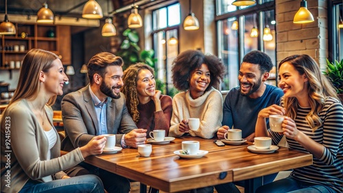 Friends Enjoying Coffee Together in Cozy Cafe with Warm Atmosphere