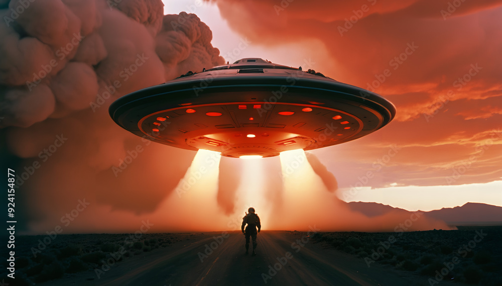 Alien Encounter: Lone Astronaut Faces Hovering UFO at Sunset Alien Encounter: Lone Astronaut Faces Hovering UFO at Sunset