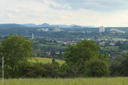 Nürtingen, Schwäbische Alb, Skyline, Midsummer, Clouds, Sky, Hills, Forest, Residential buildings, Panorama, Horizon, Achalm, Church, Power line, Rossdorf, Grafenberg photo