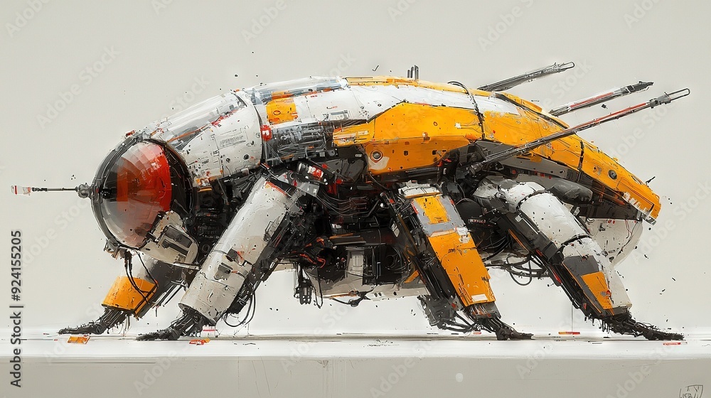 A robot with yellow and white colors perched on white paper against a white backdrop and gray surroundings A robot with yellow and white colors perched on white paper against a white backdrop and gray surroundings