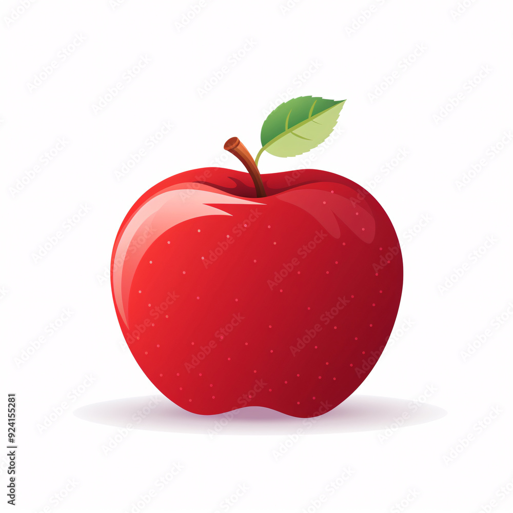 Fototapeta premium A red apple with leaf, flat illustration, summer fruit, white background