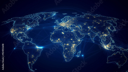 Interconnected world map highlighting global trade and economic ties, showcasing a global network of connectivity with data transfer, cyber technology, information exchange