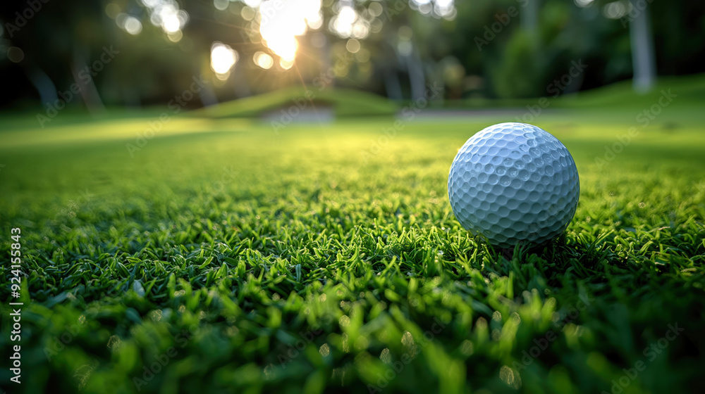 Obraz premium Sports image for golf with blurred background. Outside closeup with ball and grass. Mockup scene and text backdrop.