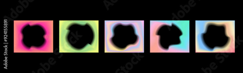 Collection of luminous colored gradient rectangular frames with inner blur abstract shape. Square vector shapes with aura for design on a black background