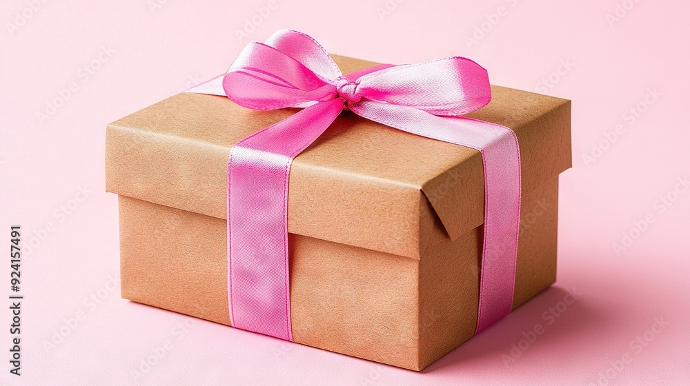 Obraz premium A box with a pink ribbon and bow on a pink background