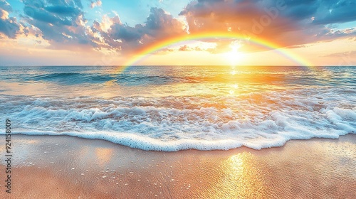 Fototapeta Naklejka Na Ścianę i Meble -    The sun sets over the ocean, casting a rainbow across the sky The waves crash against the beach