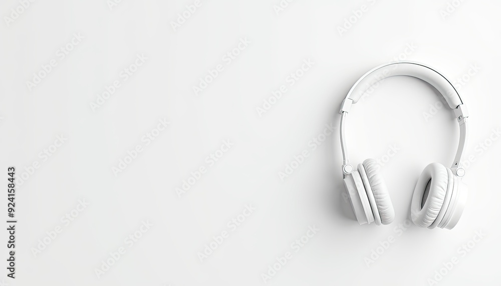 Fototapeta premium White over-ear headphones placed on a minimalistic white background, conveying simplicity.