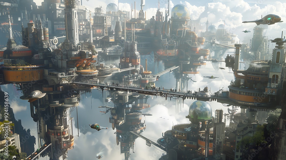 A futuristic city built on floating platforms in the sky, with bridges connecting buildings, hanging parks, and flying vehicles A futuristic city built on floating platforms in the sky, with bridges connecting buildings, hanging parks, and flying vehicles