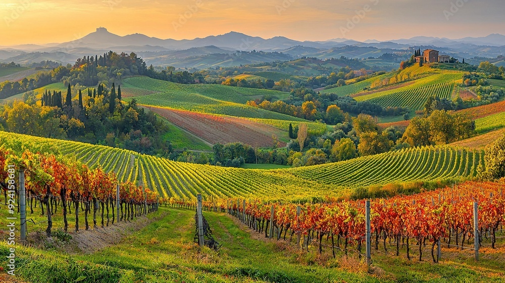 Obraz premium Lush green hillsides adorned with various trees