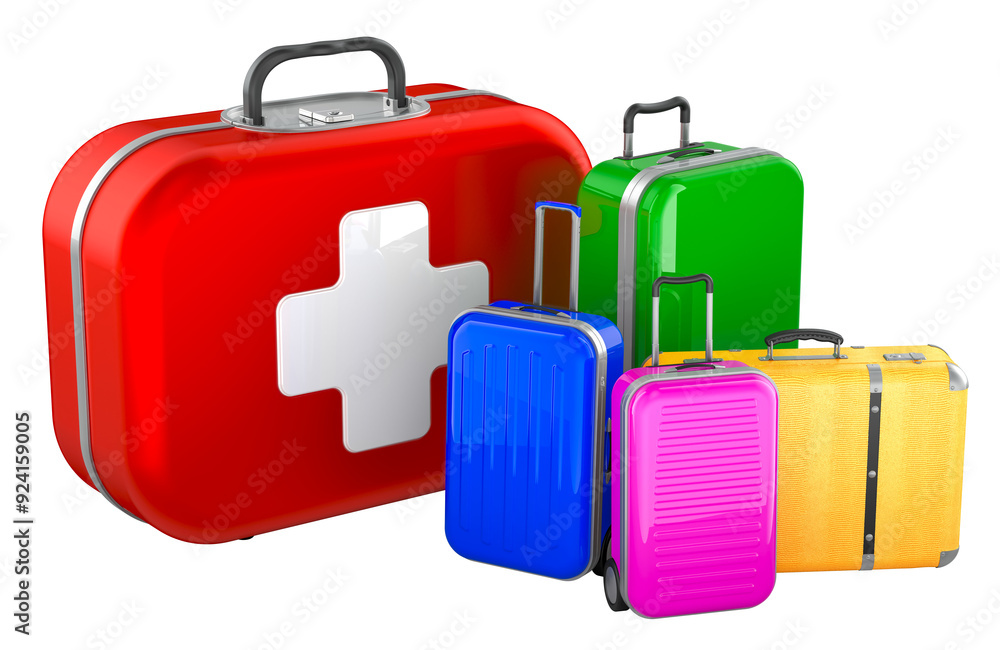 Travel First Aid Kit, concept. First aid kit with suitcases, 3D rendering isolated on transparent background Travel First Aid Kit, concept. First aid kit with suitcases, 3D rendering isolated on transparent background