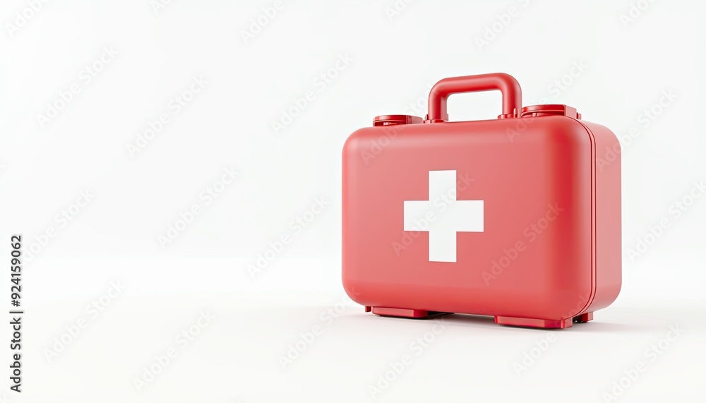 Red first aid kit with a white cross on a plain white background. Red first aid kit with a white cross on a plain white background.