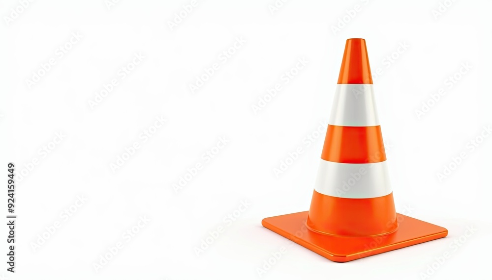 A lone orange and white traffic cone standing against a plain white background. A lone orange and white traffic cone standing against a plain white background.